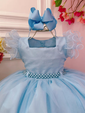 Vestido Infantil Azul Bebê Strass no Busto e Cinto de Pérolas (3589AC)