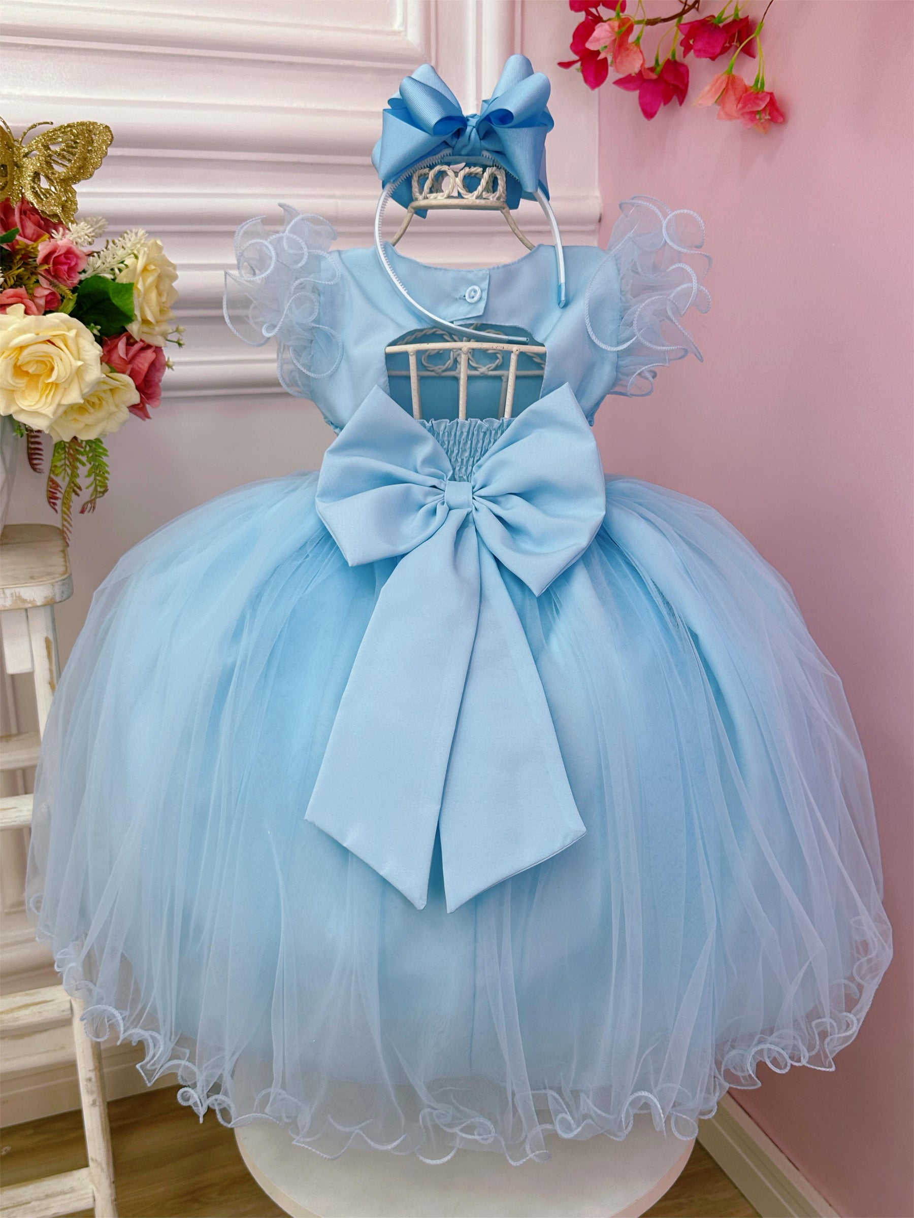 Vestido Infantil Azul Bebê Strass no Busto e Cinto de Pérolas (3589AC)