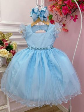 Vestido Infantil Azul Bebê Strass no Busto e Cinto de Pérolas (3589AC)