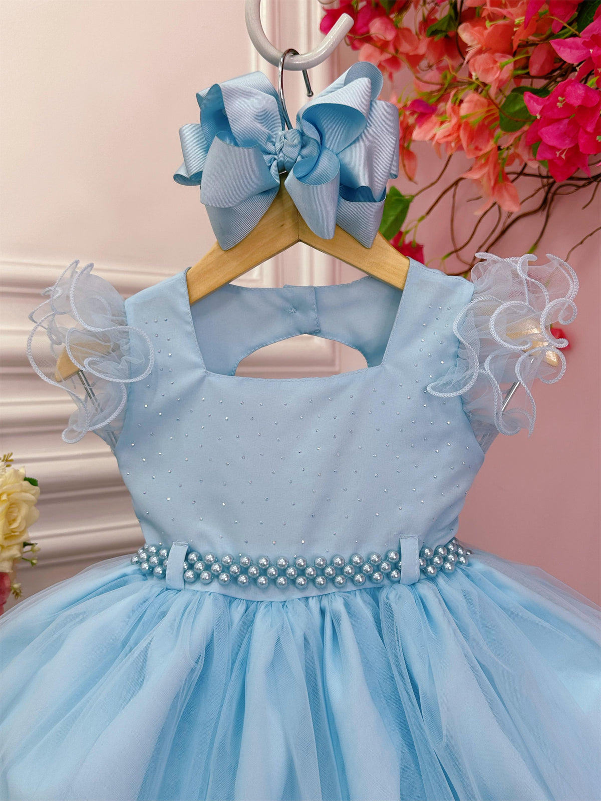 Vestido Infantil Azul Bebê Strass no Busto e Cinto de Pérolas (3589AC)