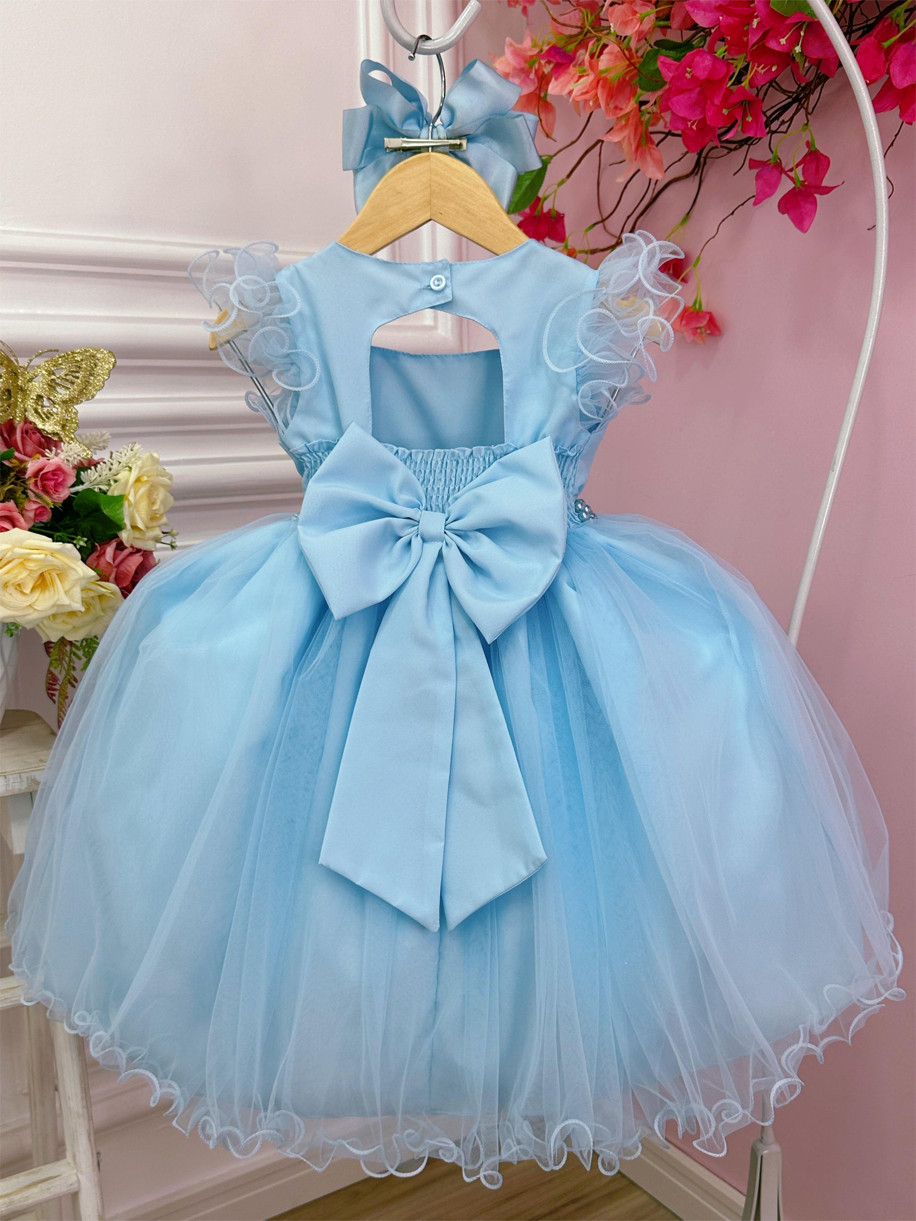 Vestido Infantil Azul Bebê Strass no Busto e Cinto de Pérolas (3589AC)