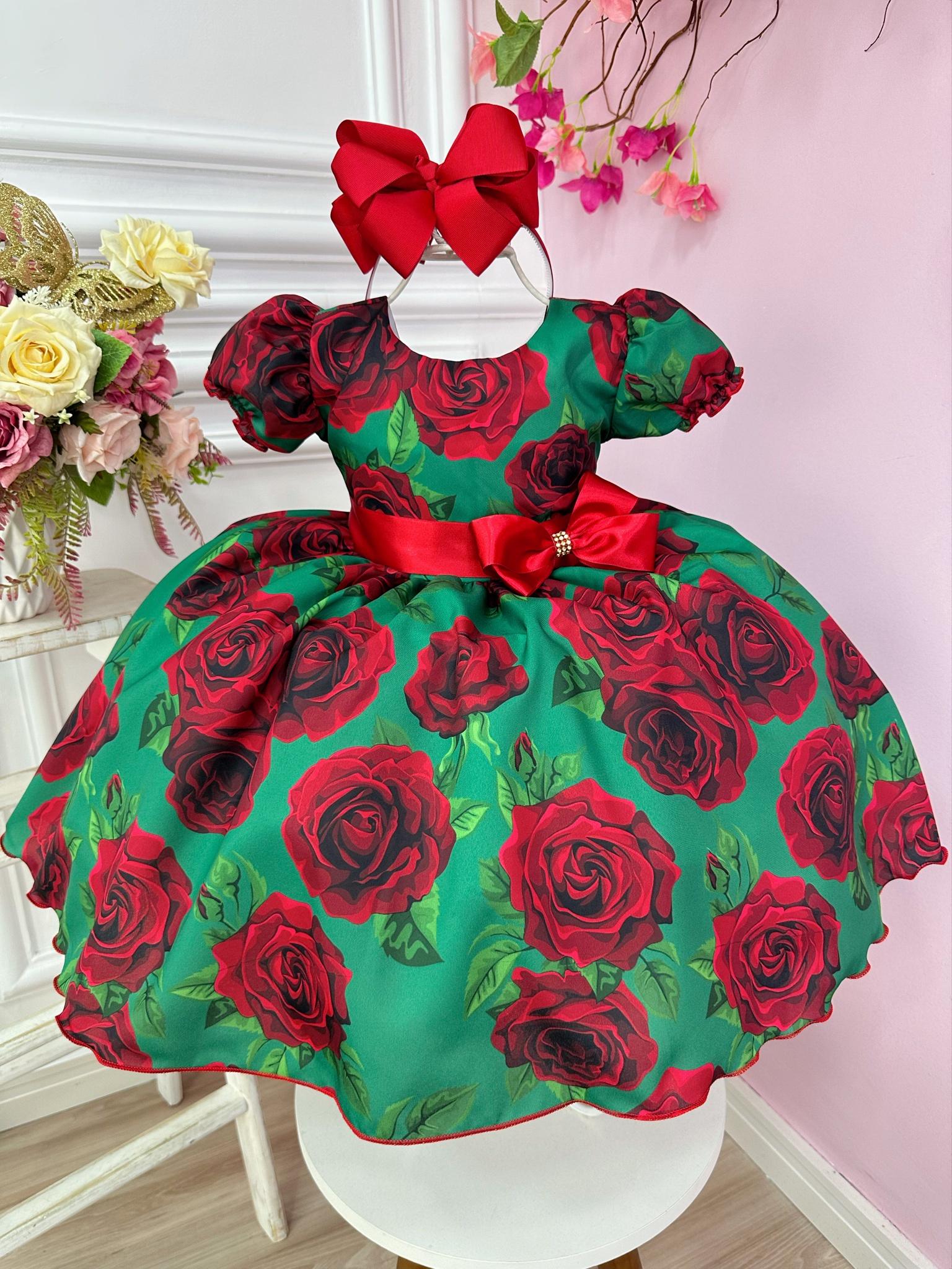 Vestido Infantil Verde Florido de Rosas Natal Festas Luxo (1243VD)