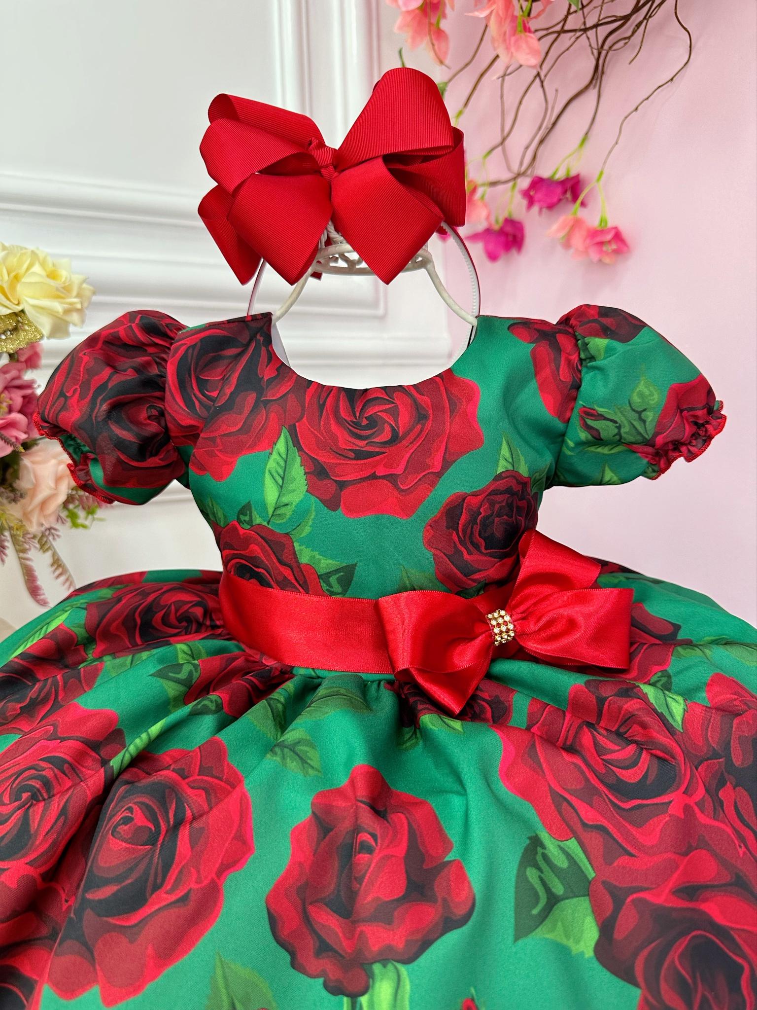 Vestido Infantil Verde Florido de Rosas Natal Festas Luxo (1243VD)