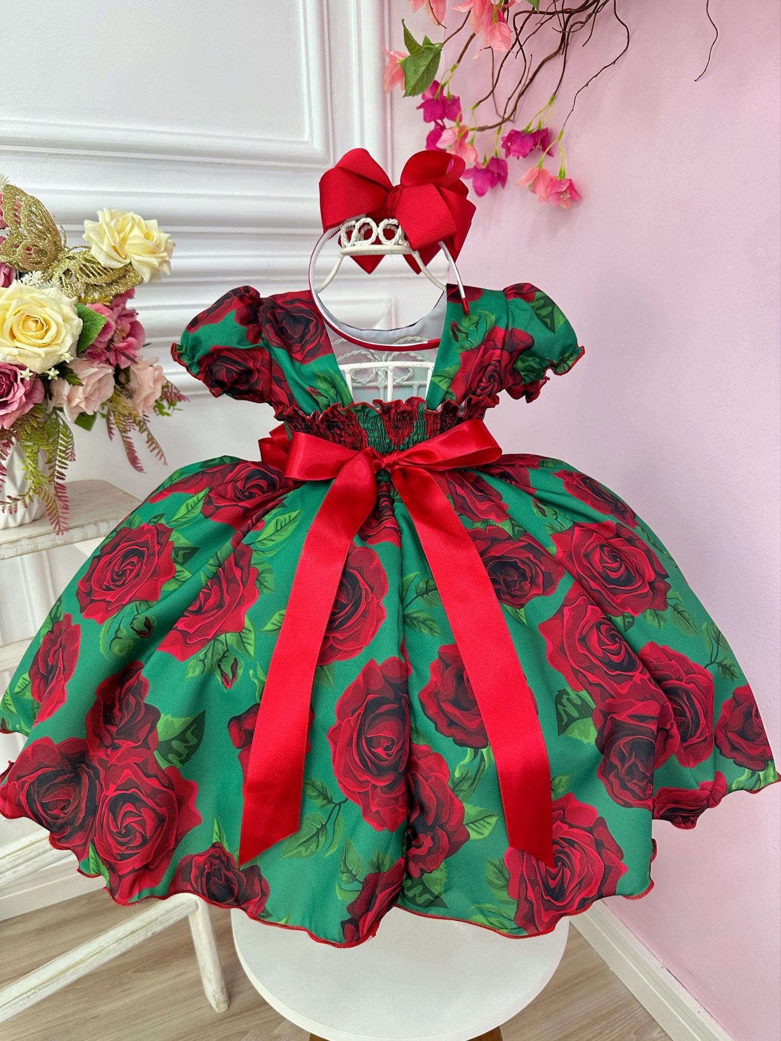 Vestido Infantil Verde Florido de Rosas Natal Festas Luxo (1243VD)