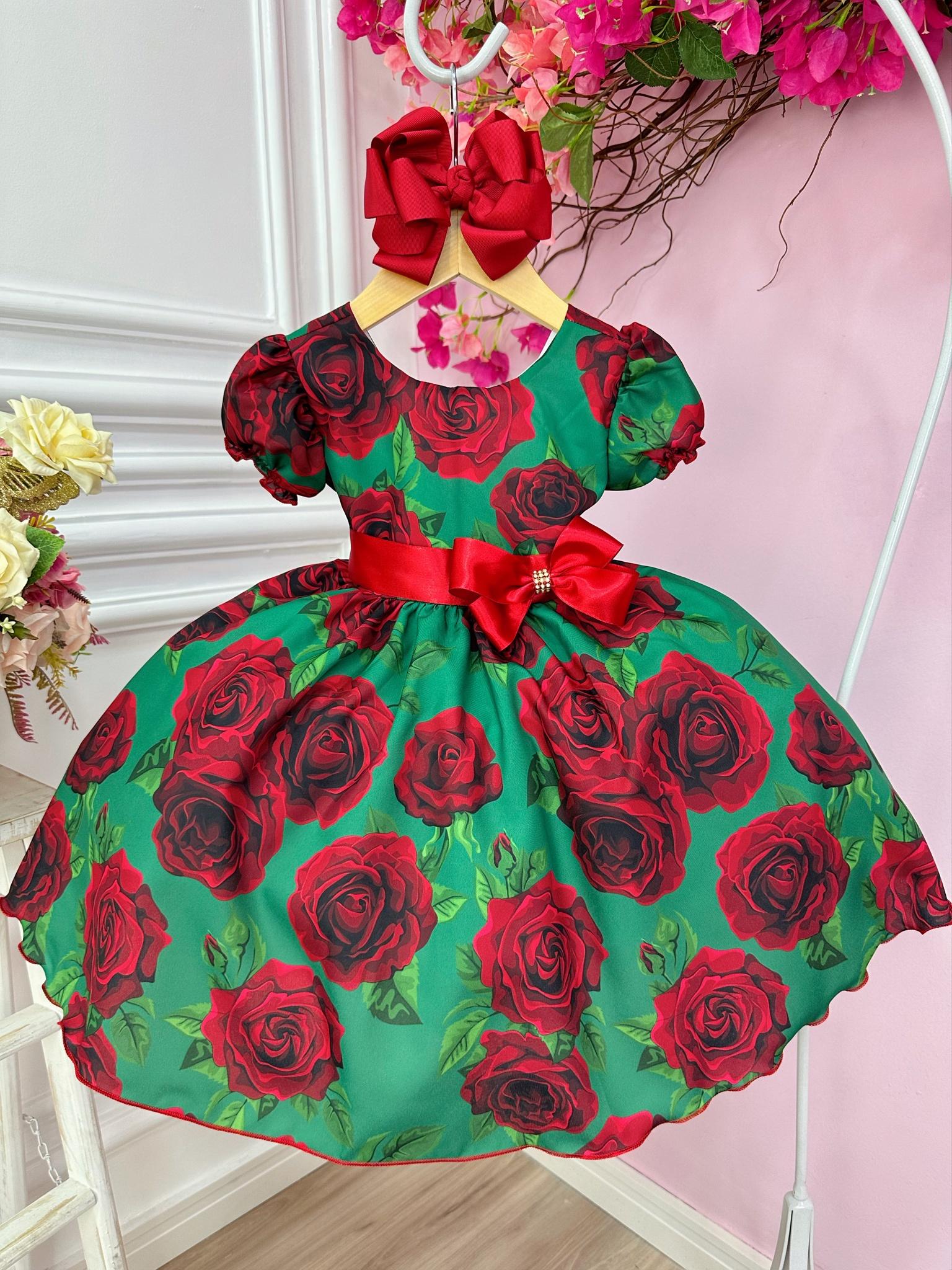 Vestido Infantil Verde Florido de Rosas Natal Festas Luxo (1243VD)