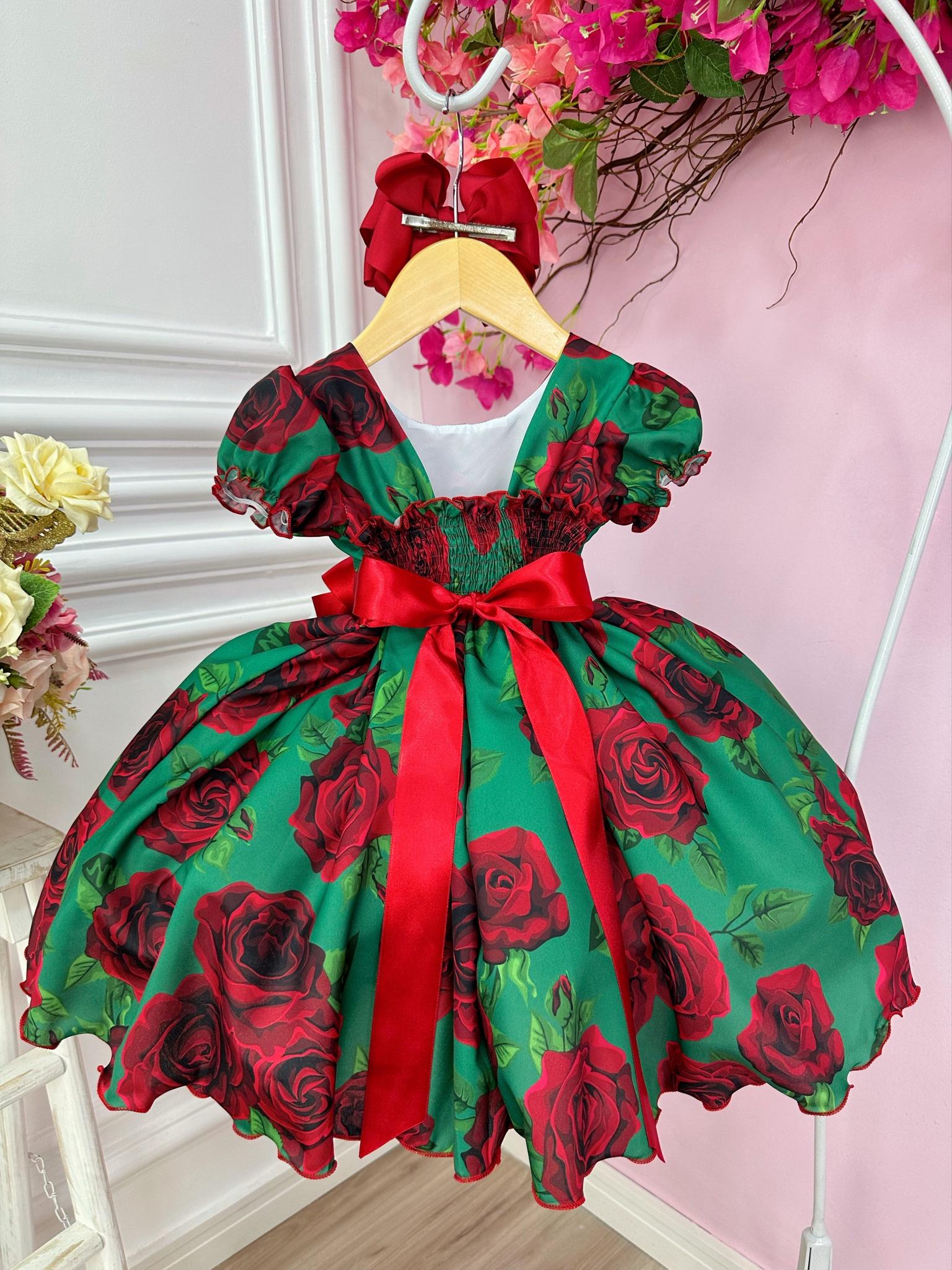 Vestido Infantil Verde Florido de Rosas Natal Festas Luxo (1243VD)