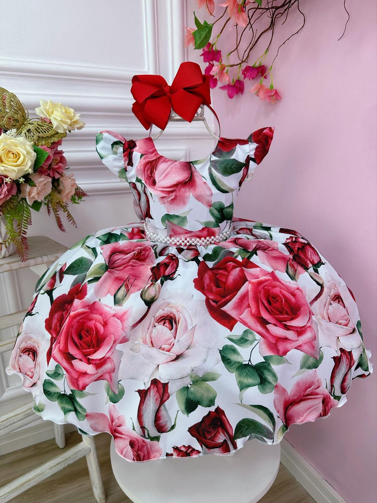 Vestido Infantil Branco Florido de Rosas Cinto Pérolas Festa (1230BF)