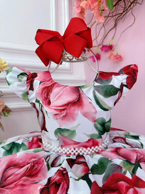 Vestido Infantil Branco Florido de Rosas Cinto Pérolas Festa (1230BF)