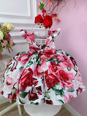 Vestido Infantil Branco Florido de Rosas Cinto Pérolas Festa (1230BF)