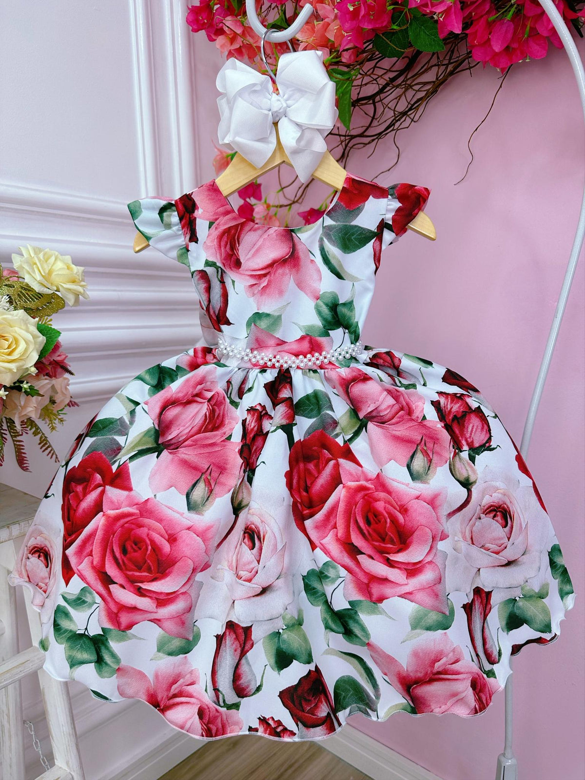 Vestido Infantil Branco Florido de Rosas Cinto Pérolas Festa (1230BF)