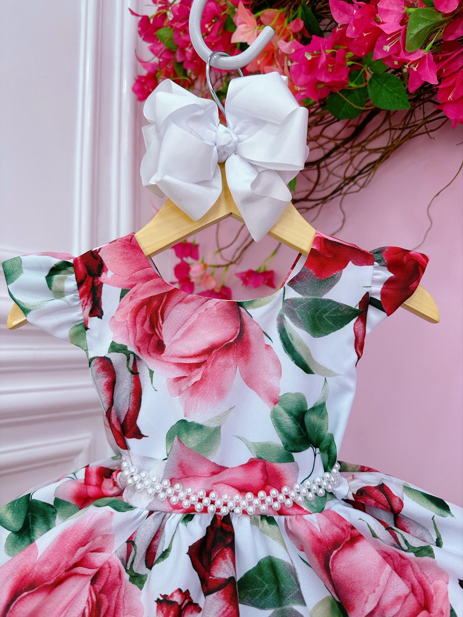 Vestido Infantil Branco Florido de Rosas Cinto Pérolas Festa (1230BF)