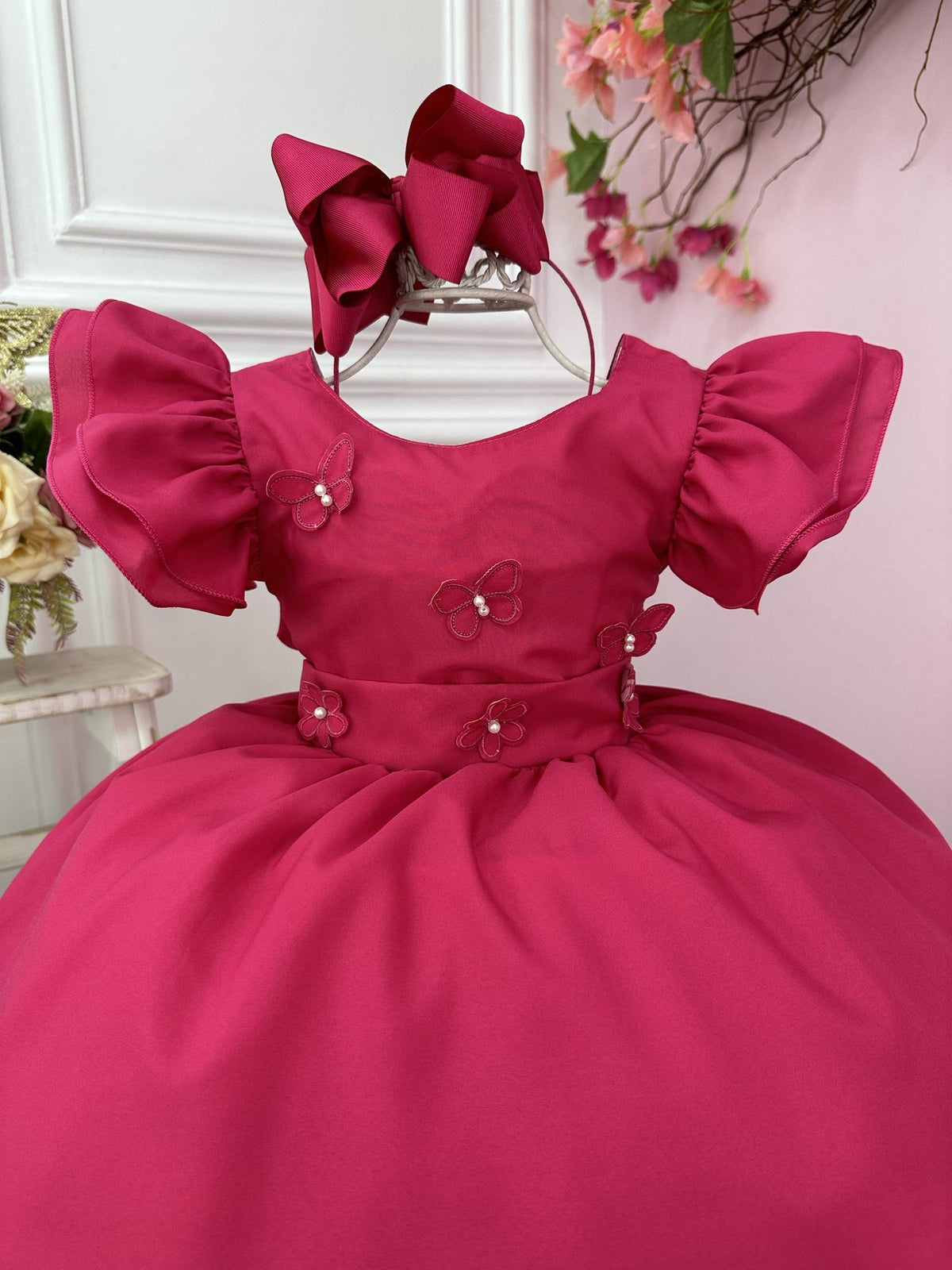 Vestido Infantil Pink Com Apliques de Borboletas e Flores (3310PK)