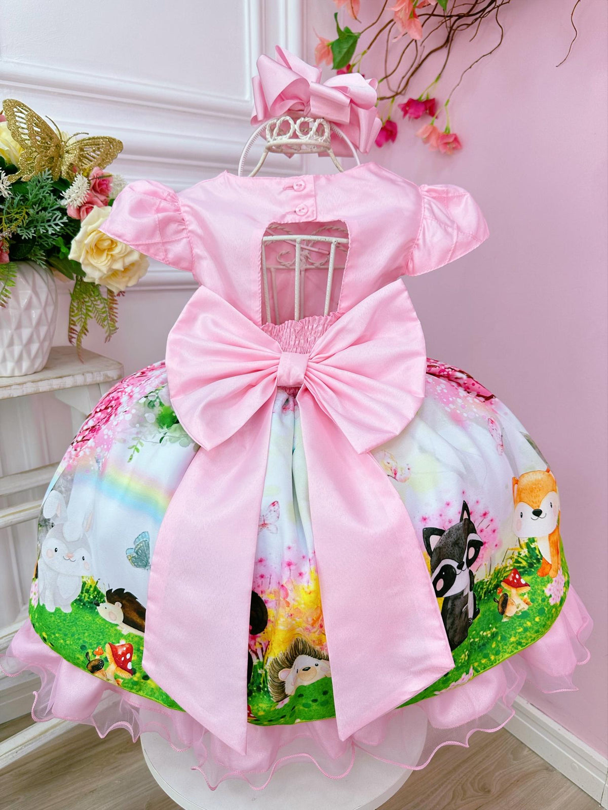 Vestido Infantil Rosa Jardim Encantado Bosque Apliques (2333RS)