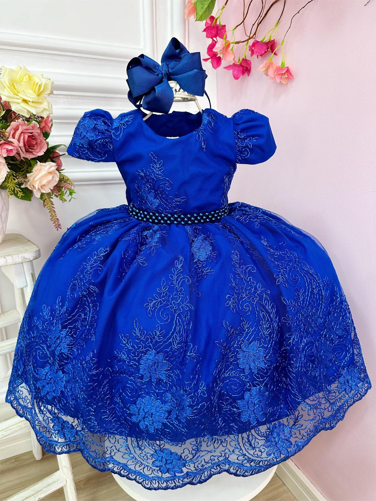 Vestido Infantil Azul Royal C/ Renda Realeza Cinto de Pérolas (1100AK)