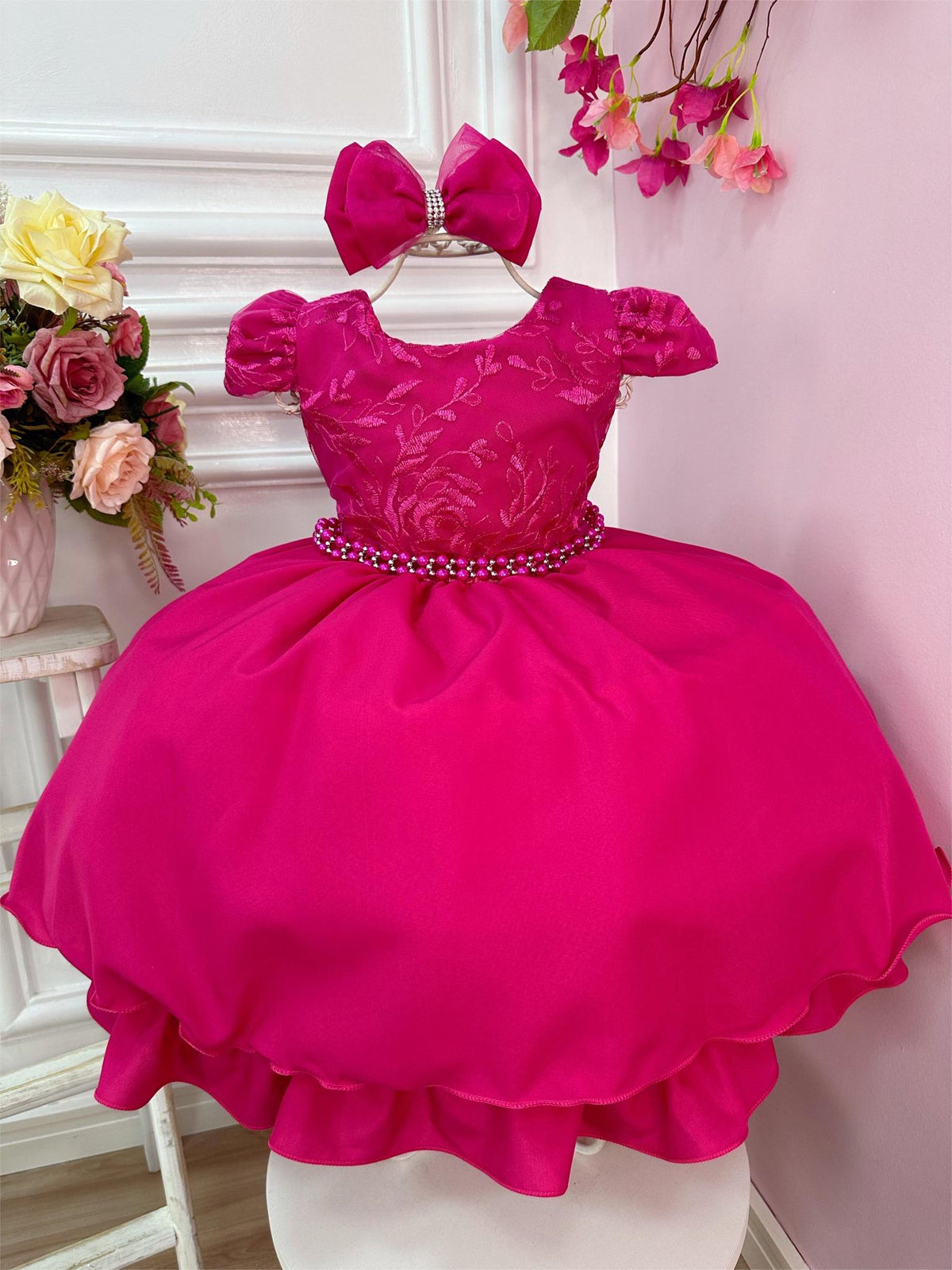 Vestido Infantil Pink C/ Laço e Renda Cinto de Pérolas (1053PC)