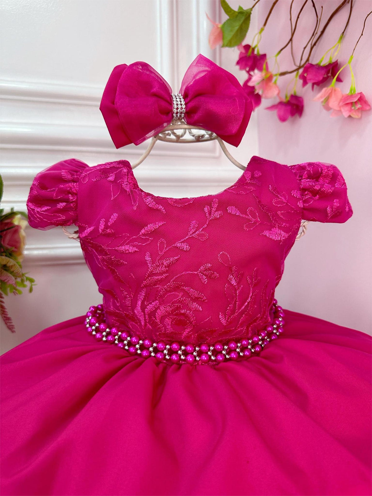 Vestido Infantil Pink C/ Laço e Renda Cinto de Pérolas (1053PC)