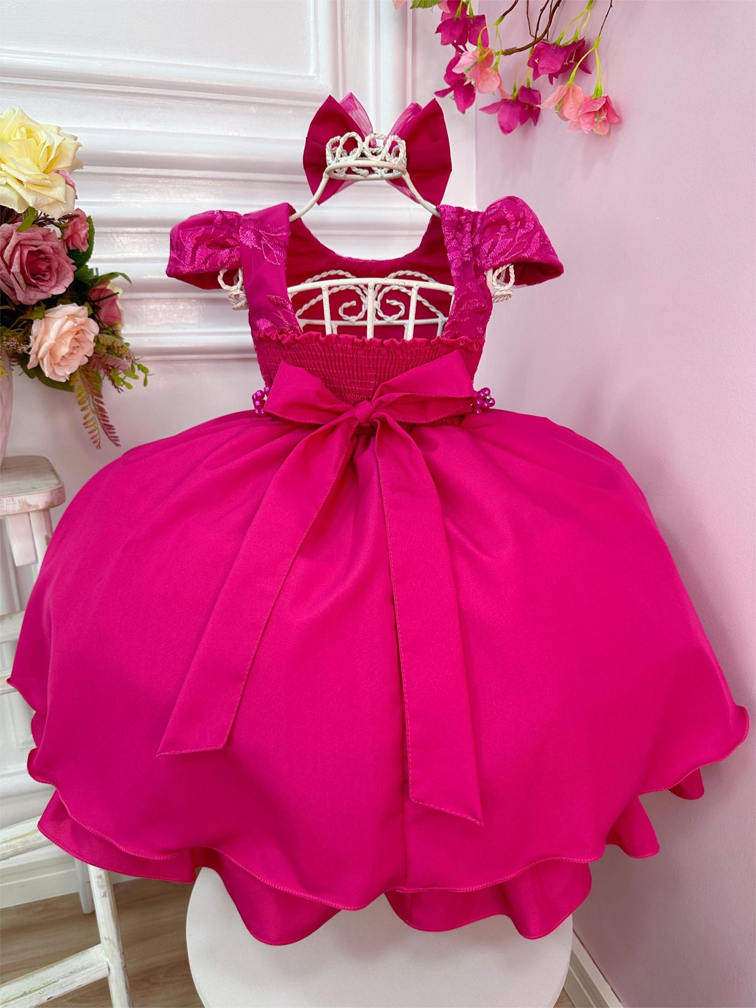 Vestido Infantil Pink C/ Laço e Renda Cinto de Pérolas (1053PC)