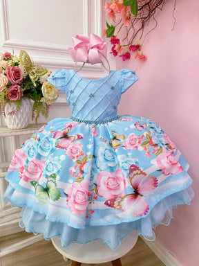 Vestido Infantil Azul Bebê Busto Nervura C/ Pérolas Festas (4115AZ)