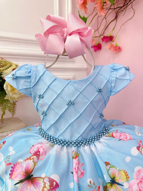 Vestido Infantil Azul Bebê Busto Nervura C/ Pérolas Festas (4115AZ)