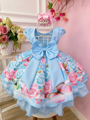 Vestido Infantil Azul Bebê Busto Nervura C/ Pérolas Festas (4115AZ)