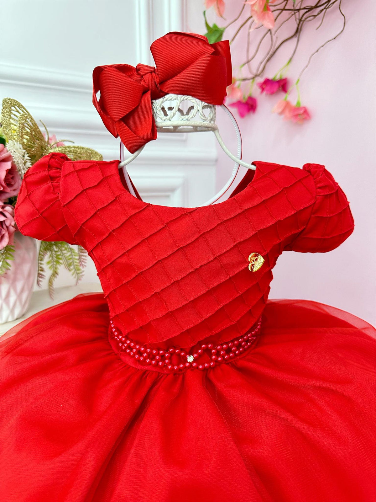 Vestido Infantil Vermelho Busto Nervura Cinto Pérolas Festas (1291VM)