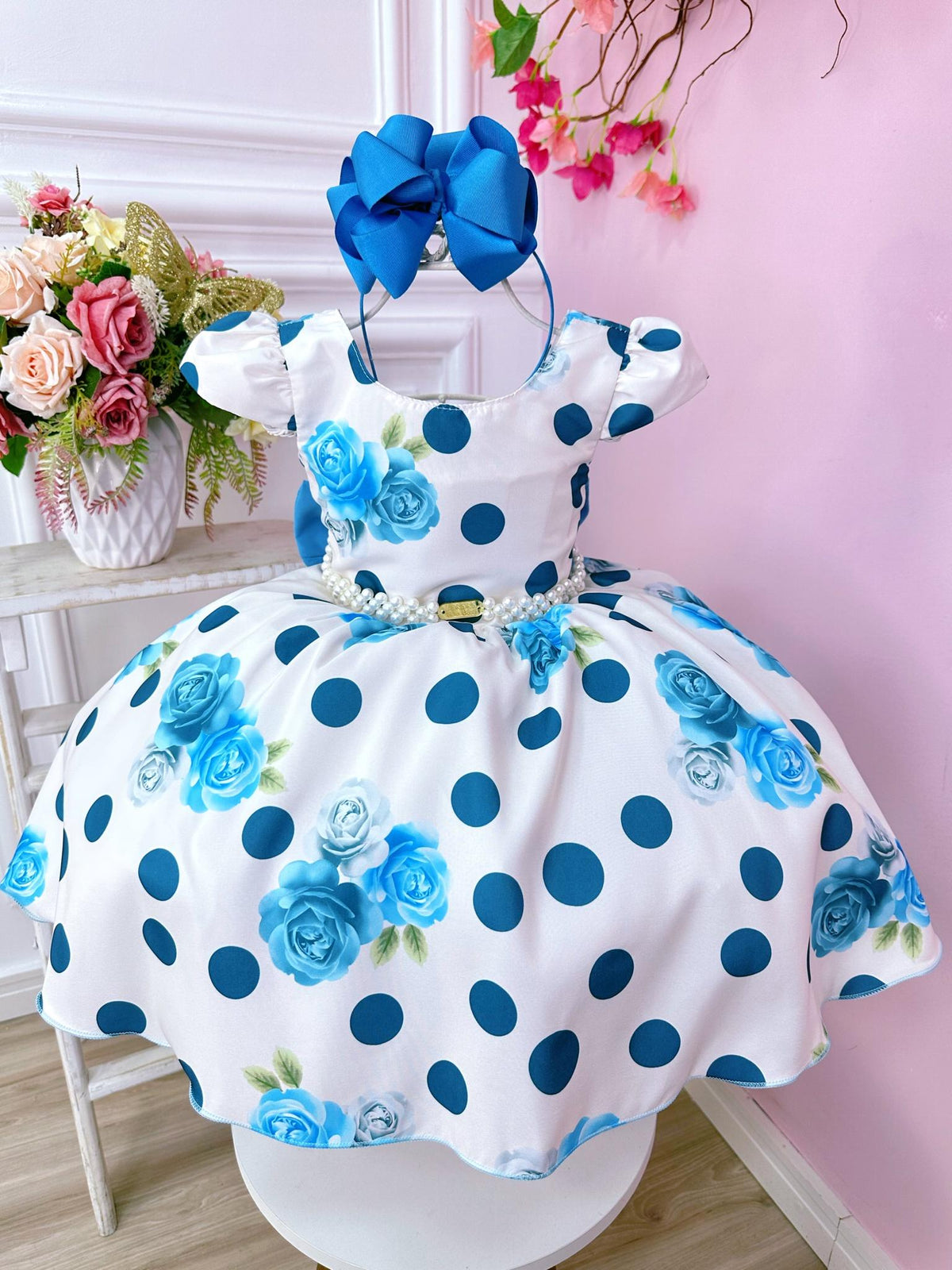 Vestido Infantil Off White e Azul Florido de Rosas Primavera (3316OZ)