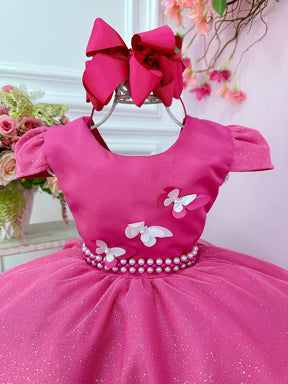 Vestido Infantil Pink C/ Glitter e Aplique de Borboletas (0112PK)