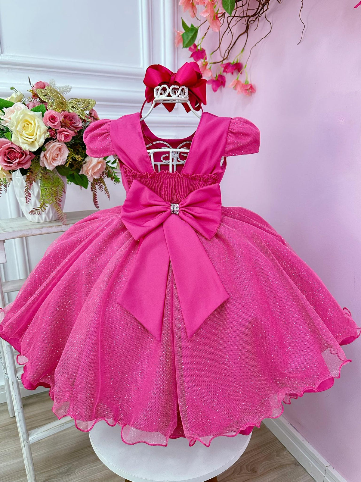 Vestido Infantil Pink C/ Glitter e Aplique de Borboletas (0112PK)