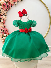 Vestido Infantil Verde C/ Busto Plissado e Broche Natal Festa (1292VD)