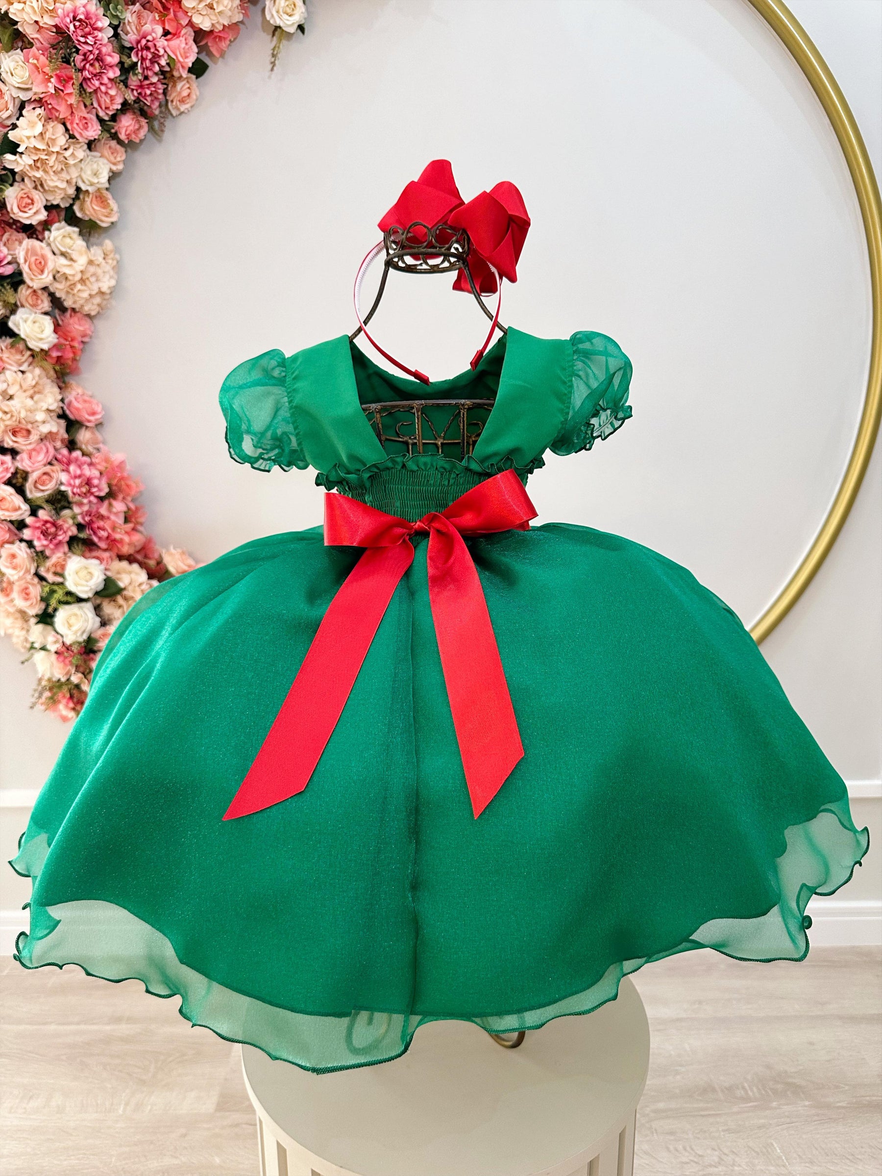 Vestido Infantil Verde C/ Busto Plissado e Broche Natal Festa (1292VD)