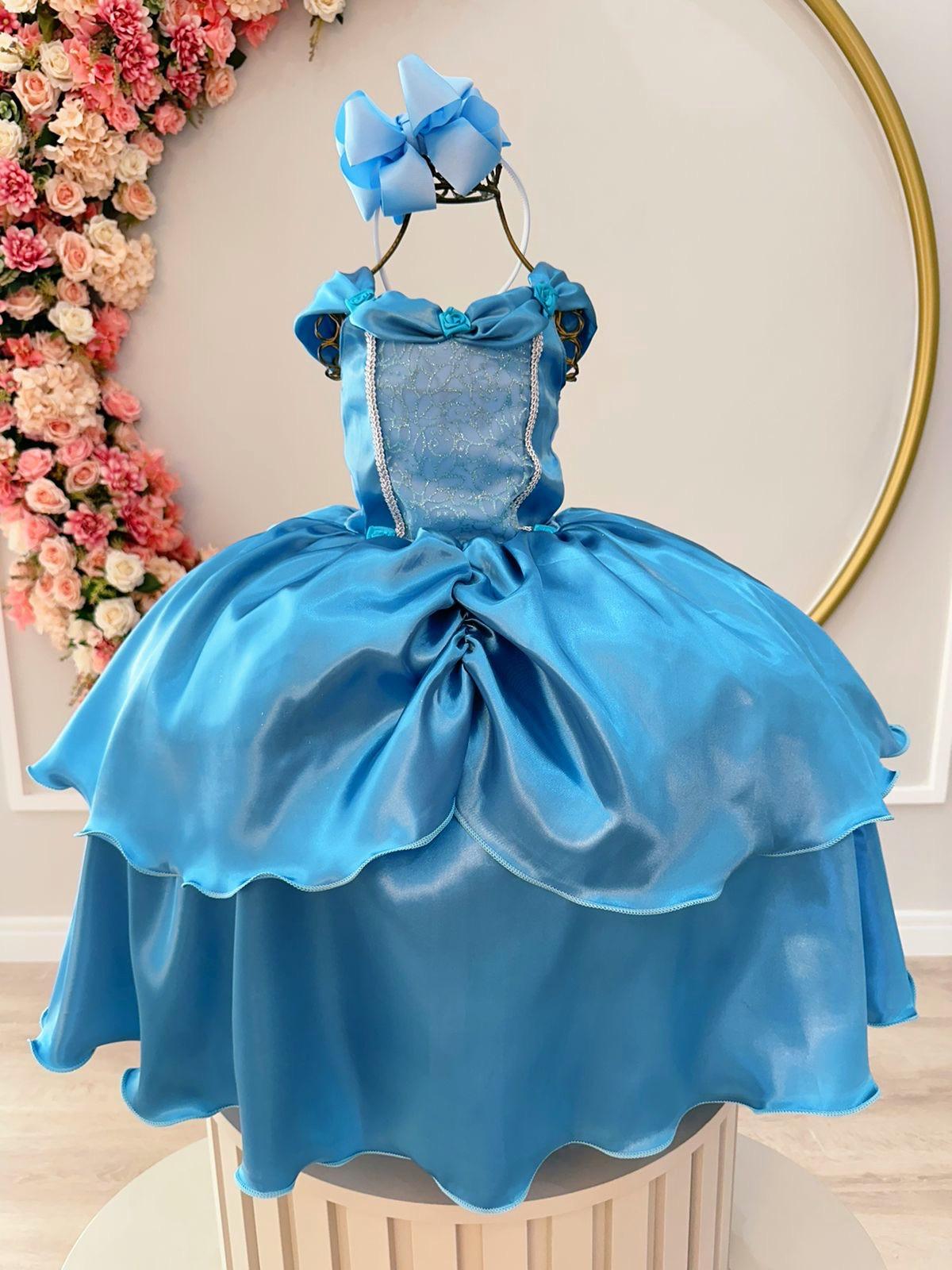 Fantasia Infantil Frozen Cinderela Azul Serenity Tule Brilho (0107AR)