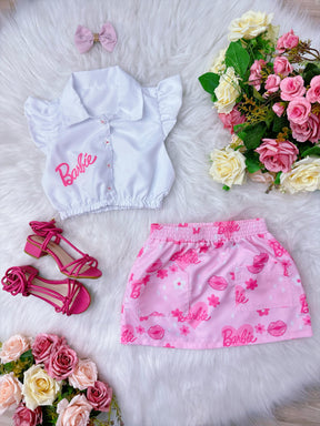 Conjunto Infantil da Barbie Branco C/ Saia Rosa e Laço (0166BR)