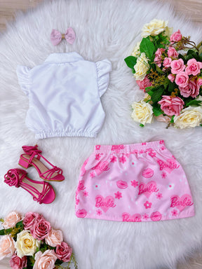 Conjunto Infantil da Barbie Branco C/ Saia Rosa e Laço (0166BR)