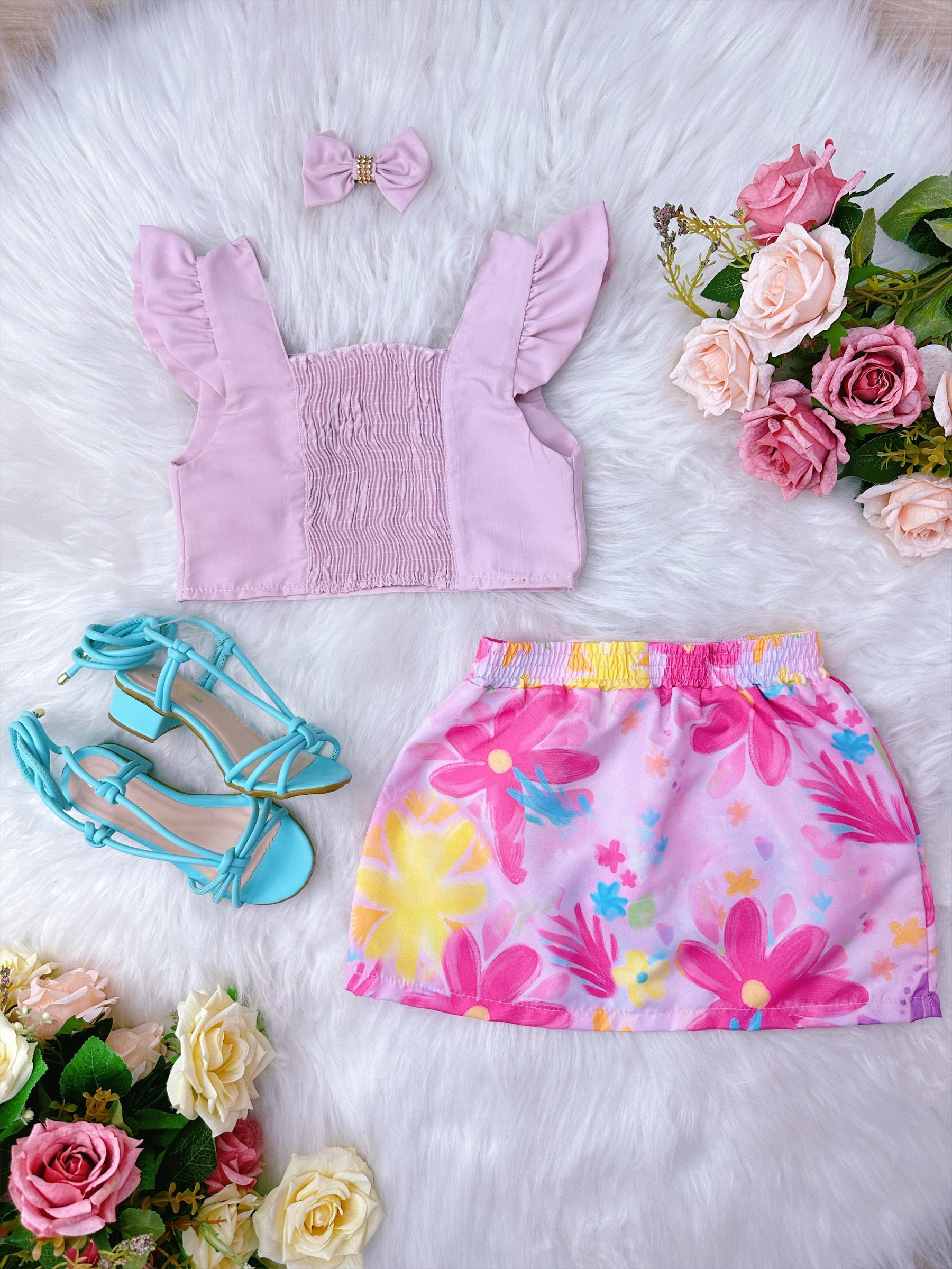 Conjunto Infantil da Barbie Rosa C/ Saia Colorido e Laço (0066RS)