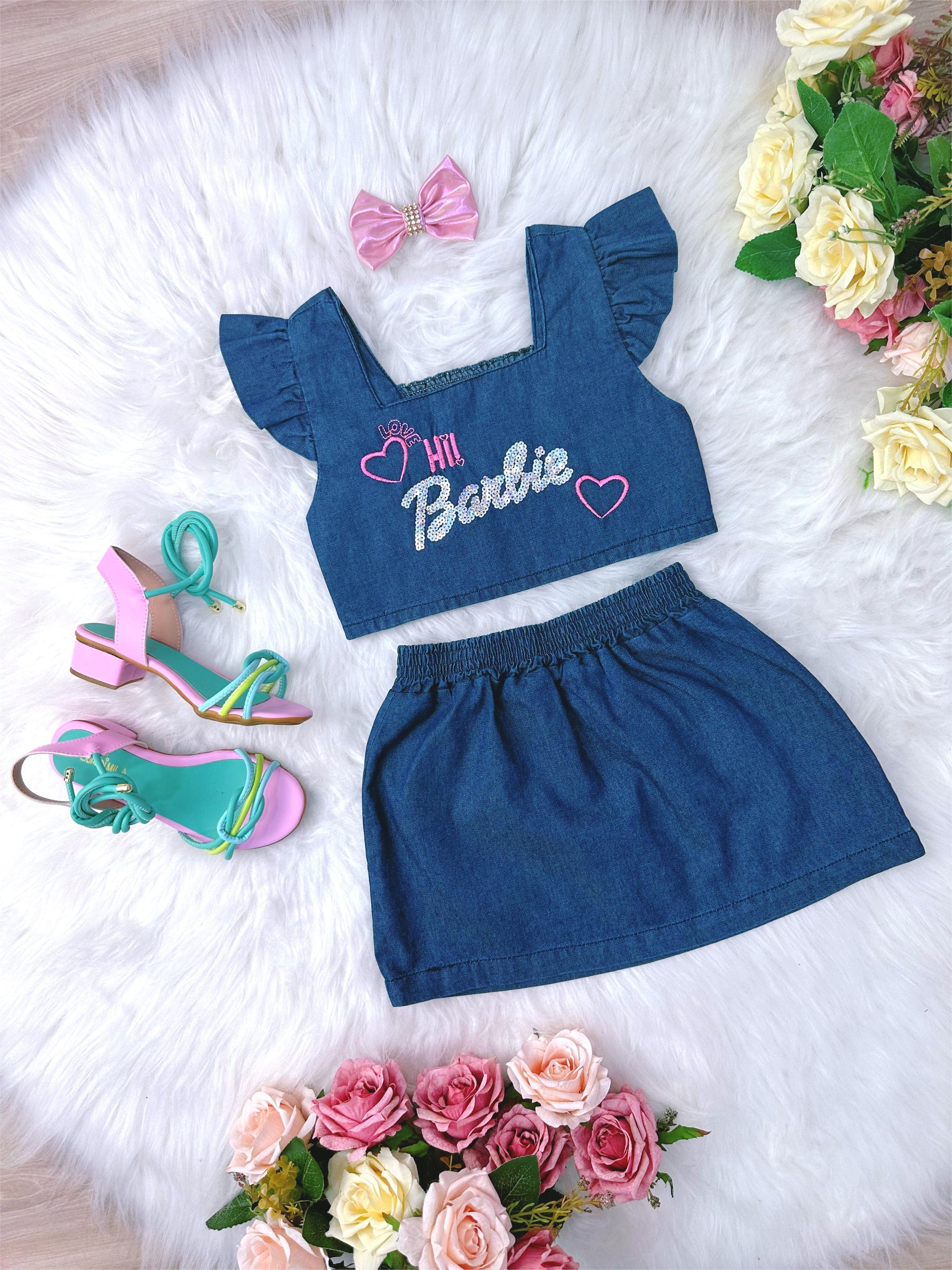 Conjunto Jeans Hi Barbie Com Laço Festas Luxo (0266JB)