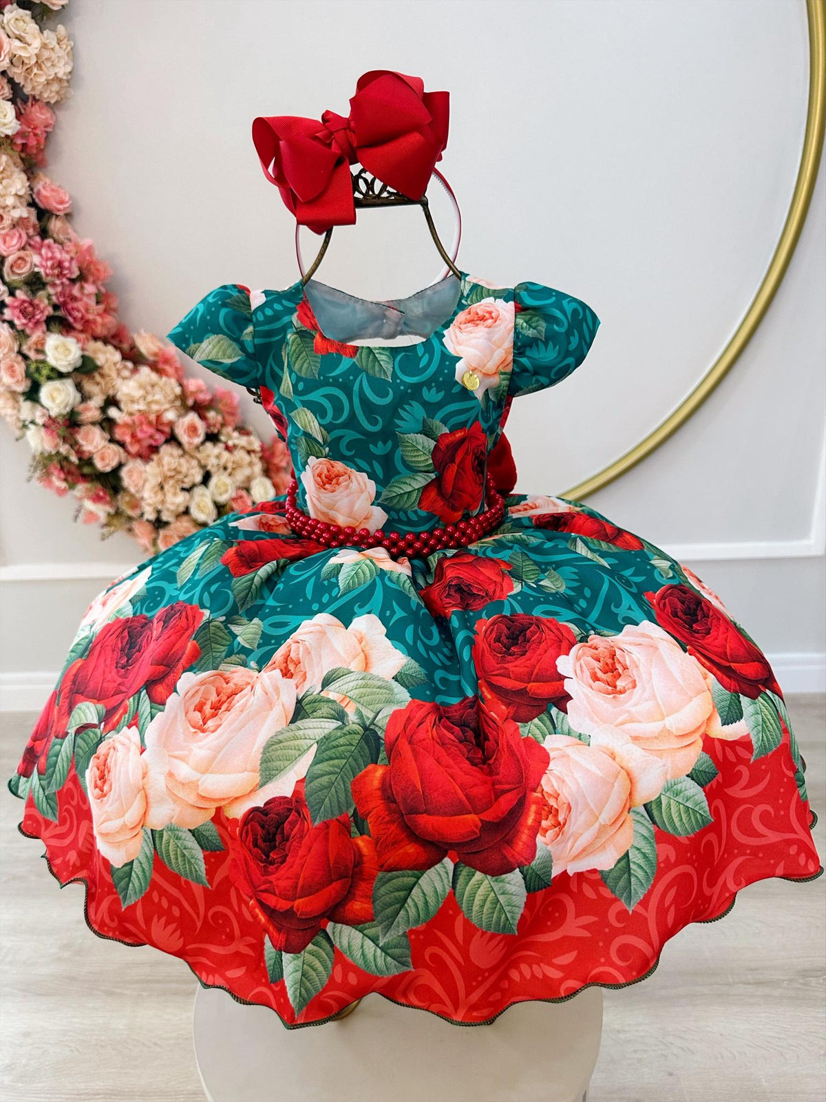 Vestido Infantil Verde Florido Com Cinto de Pérolas Natal (3383VD)