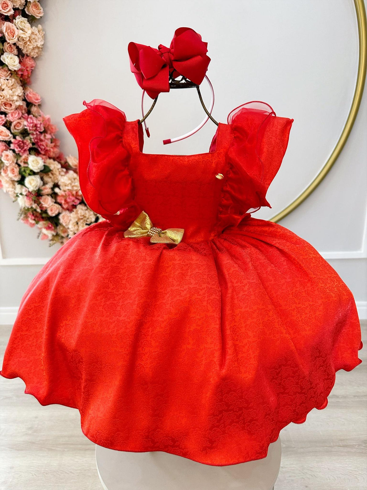 Vestido Infantil Vermelho Jacquard Broche Dourado Natal (3366VM)