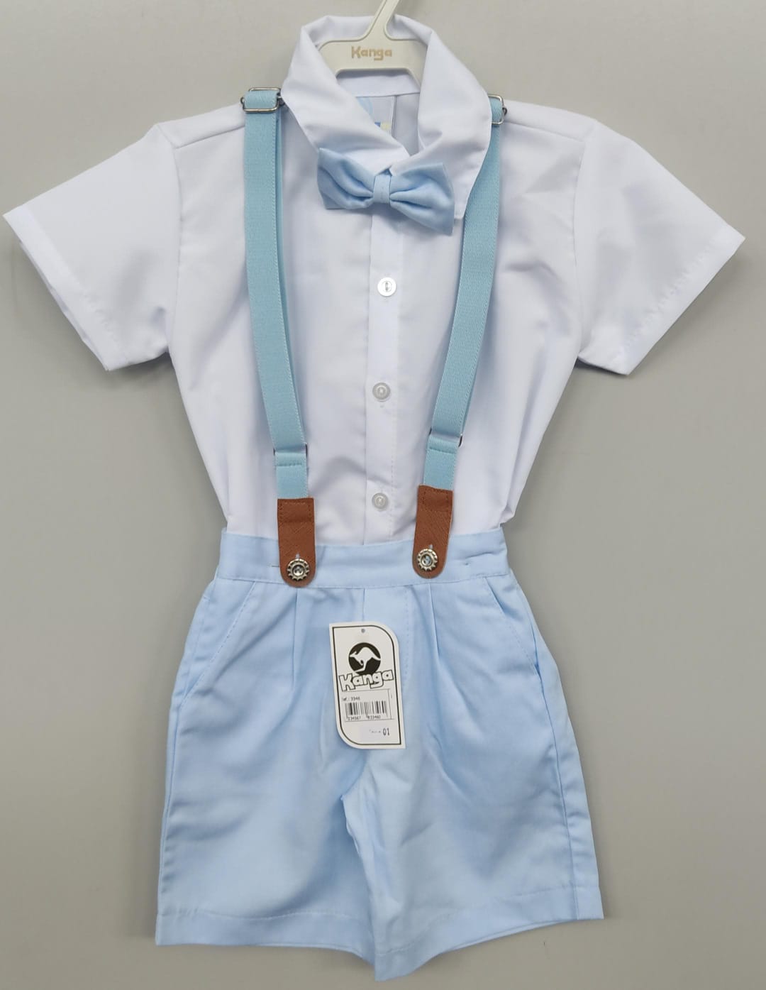 Conjunto Social Camisa Branco Short Gravata Susp. Azul Bebê (3346BD)