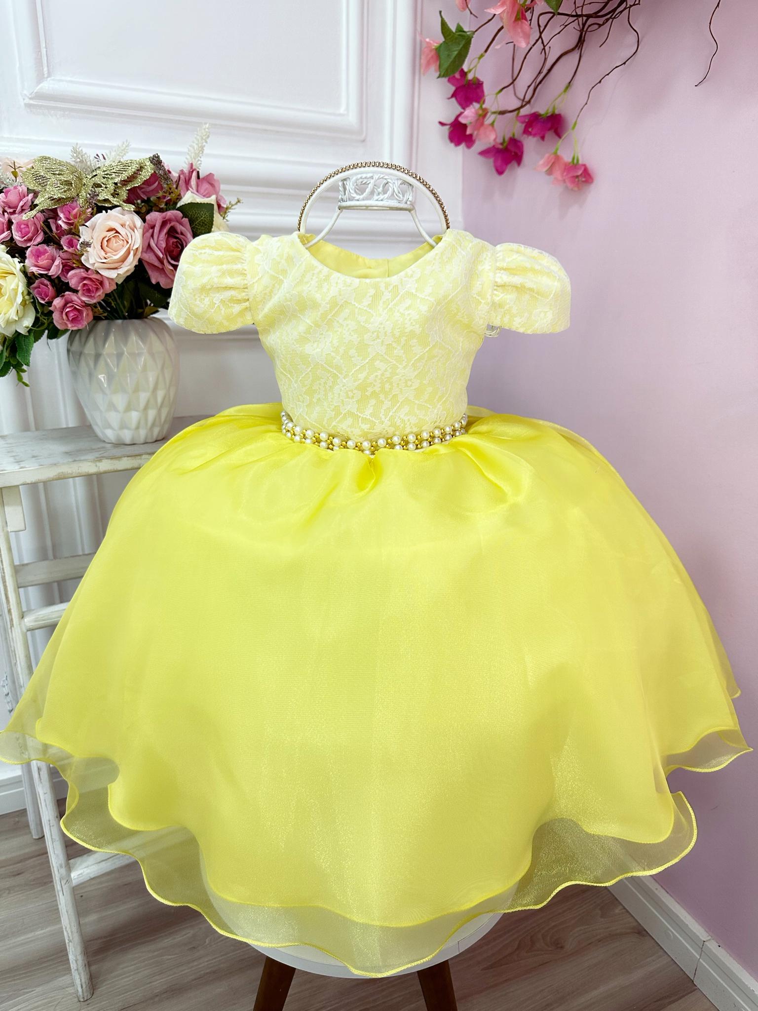 Vestido Infantil Amarelo C/ Renda Cinto Pérola e Tiara Festa (1062AS)