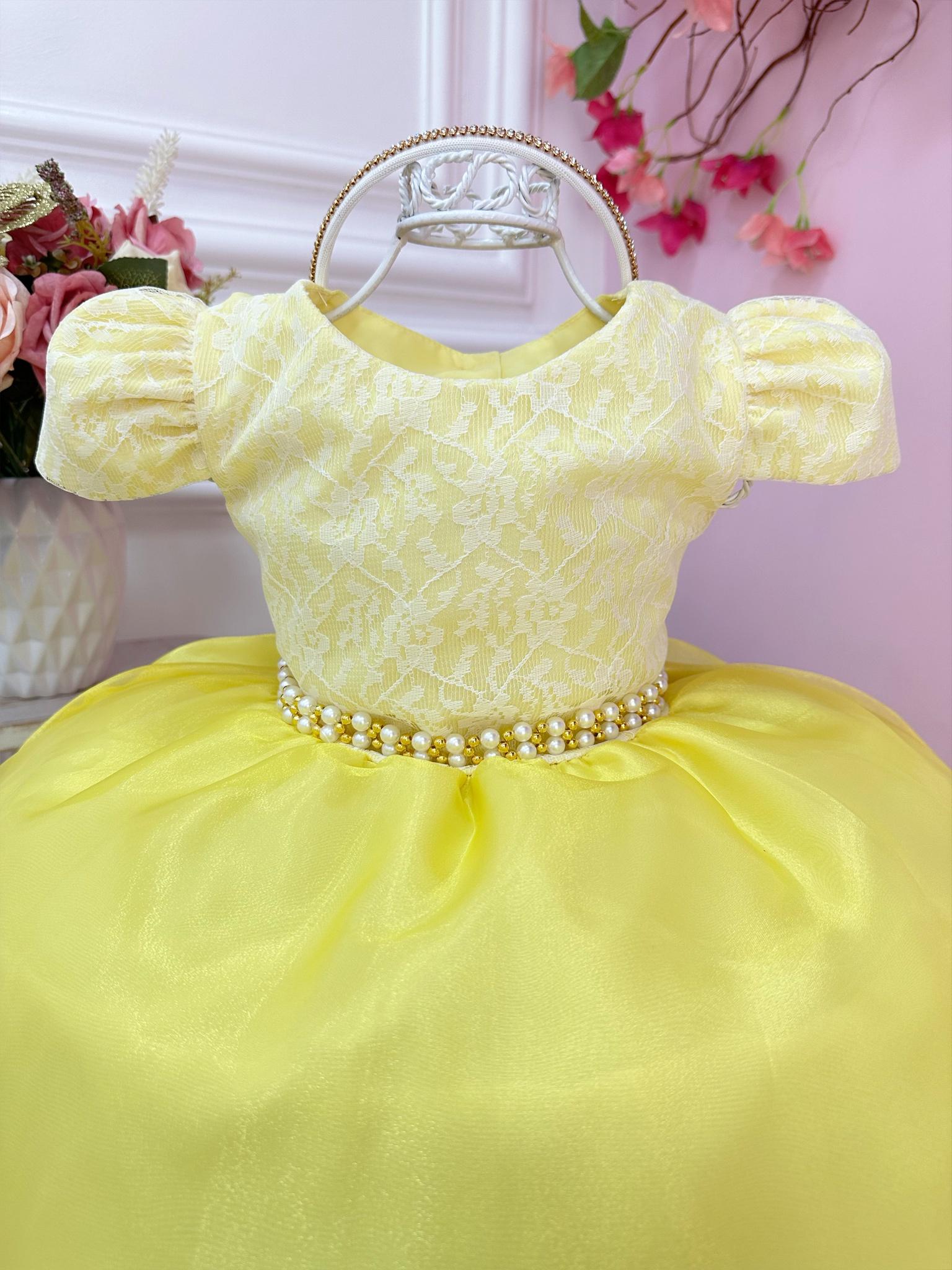 Vestido Infantil Amarelo C/ Renda Cinto Pérola e Tiara Festa (1062AS)