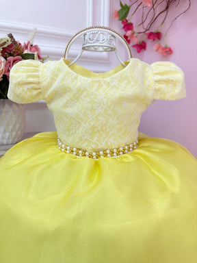 Vestido Infantil Amarelo C/ Renda Cinto Pérola e Tiara Festa (1062AS)