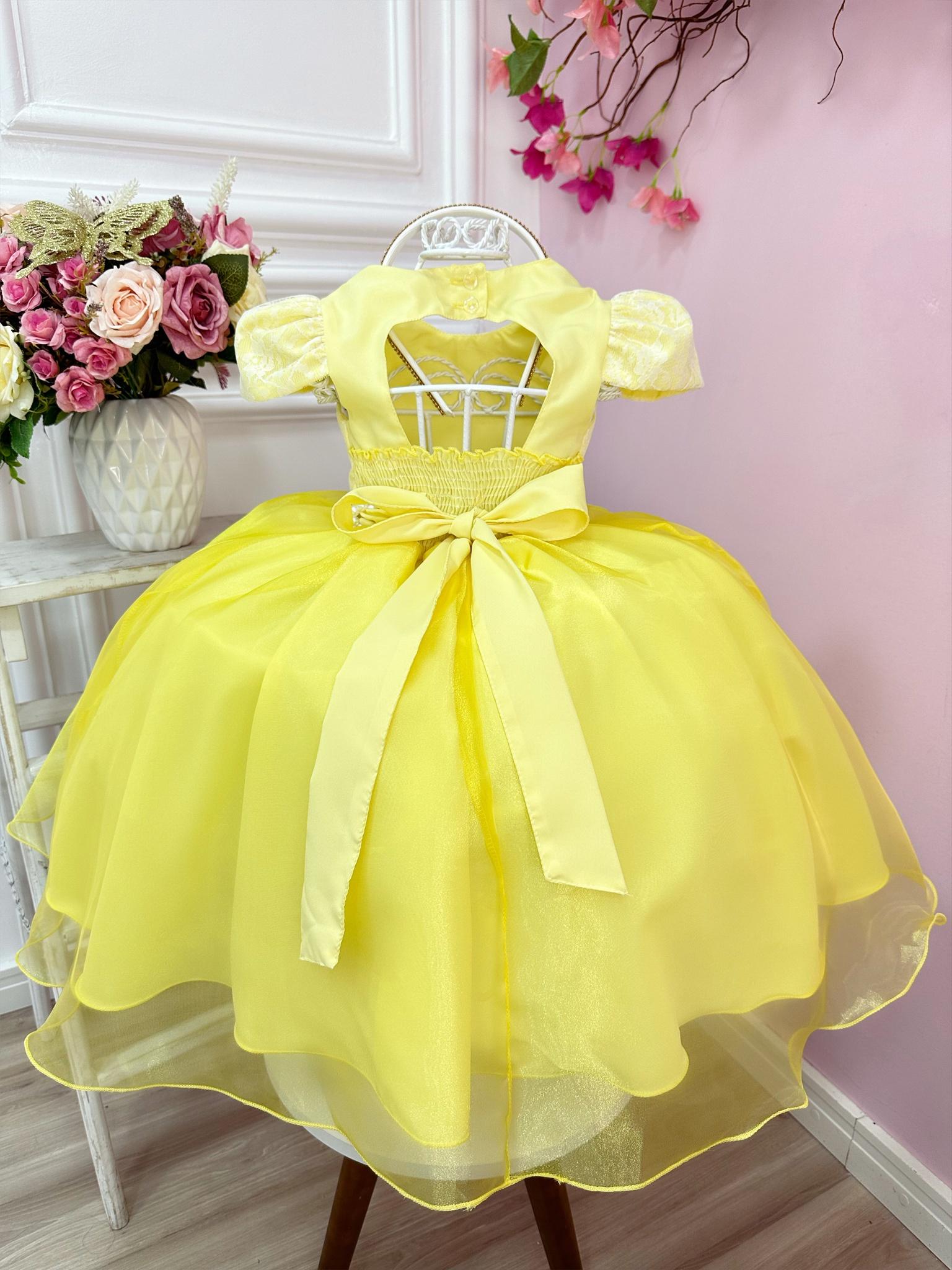 Vestido Infantil Amarelo C/ Renda Cinto Pérola e Tiara Festa (1062AS)