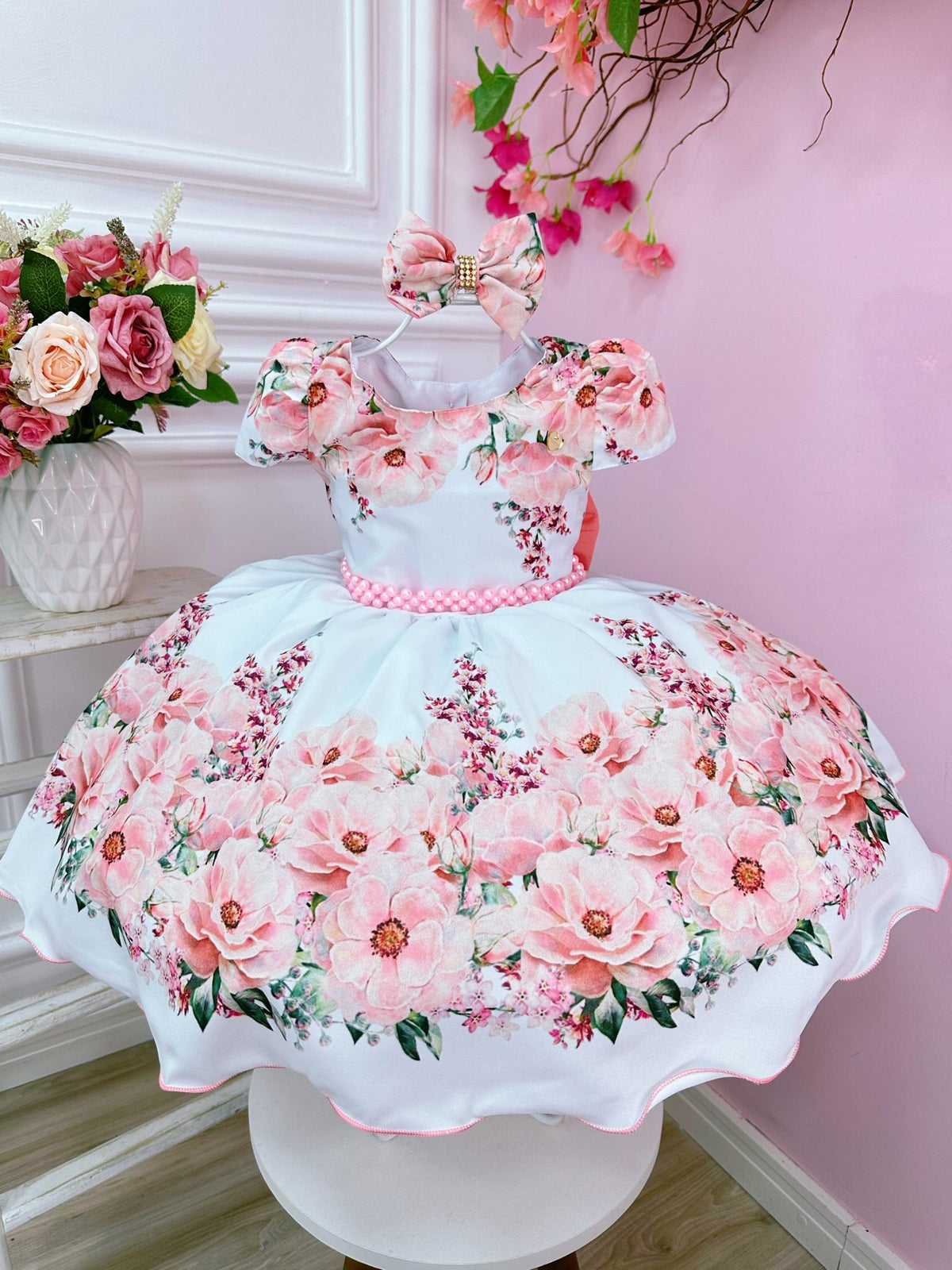 Vestido Infantil Branco Jardim das Flores C/ Cinto E Laço (0960BR)