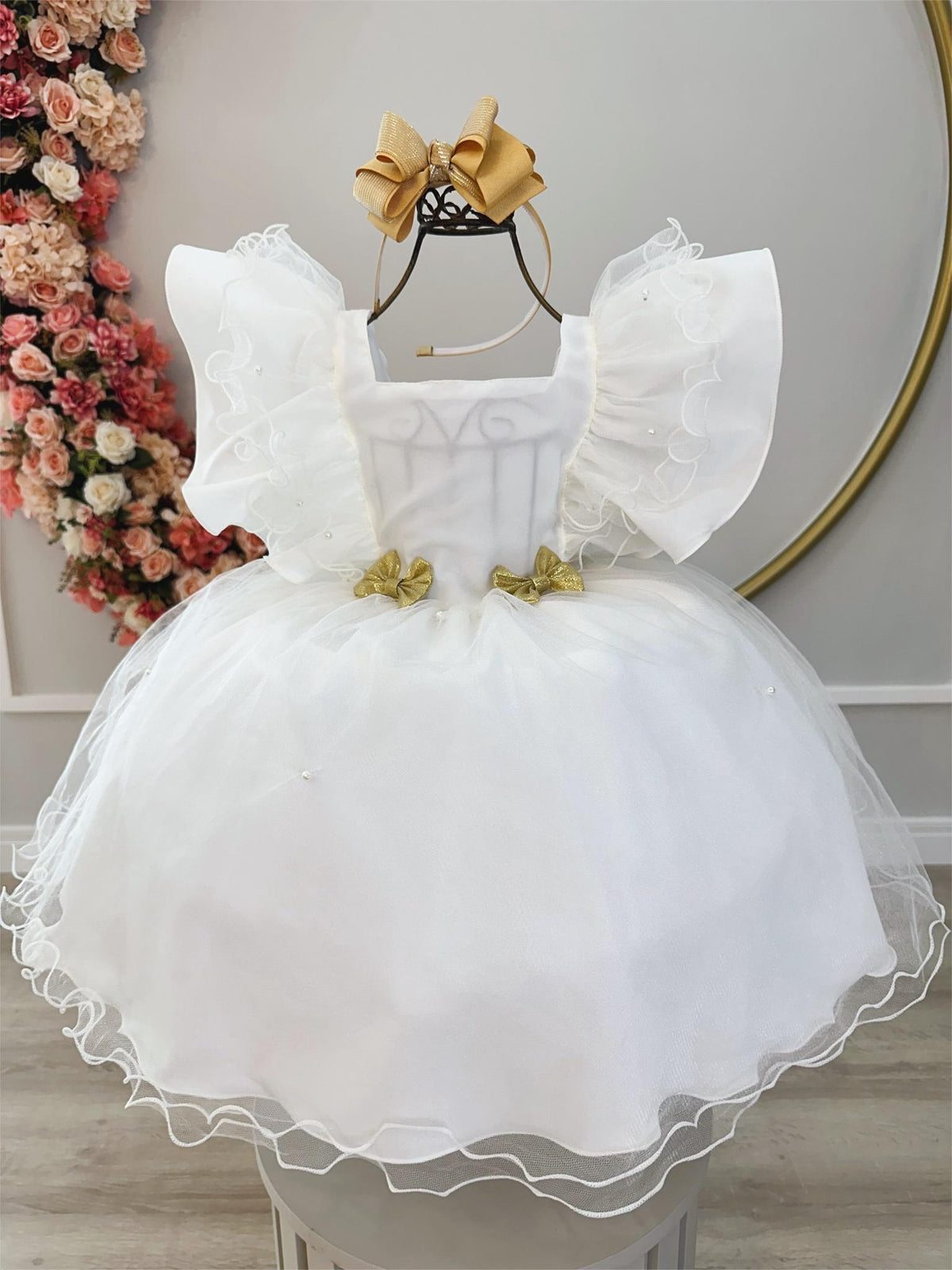 Vestido Infantil Off White C/ Broches Dourados Natal Festas (3386OF)