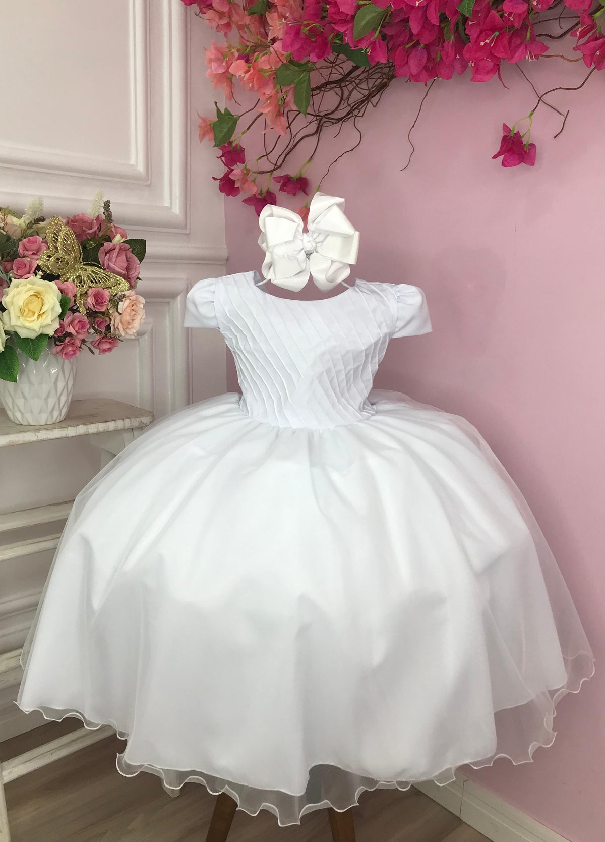 Vestido Infantil Branco C/ Busto Plissado para o Montar o Kit (1290BR)