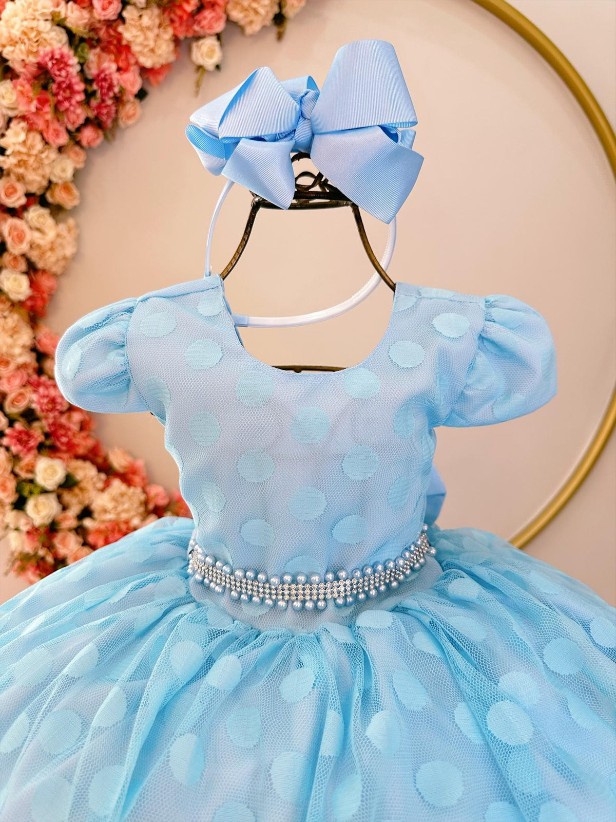 Vestido Infantil Azul Poá Com Cinto de Strass e Pérolas (4493AP)