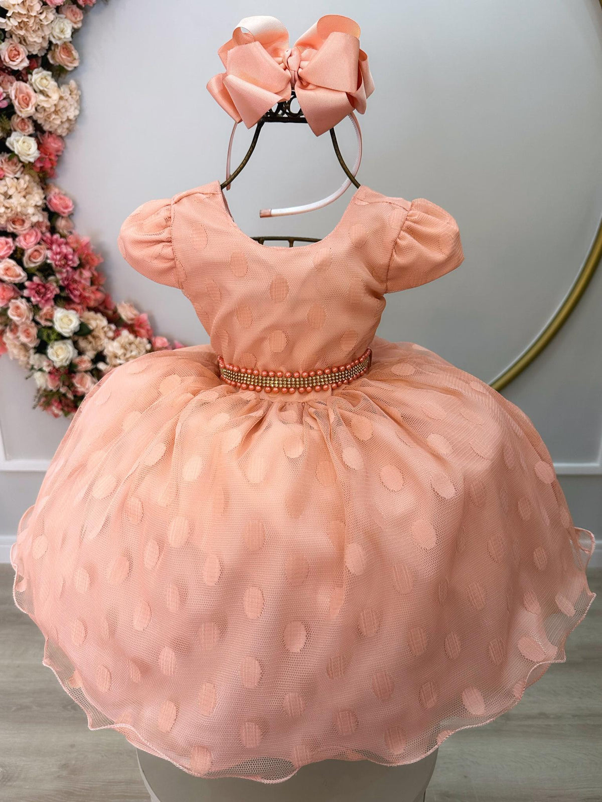 Vestido Infantil Pêssego Poá Com Cinto de Strass e Pérolas (4493PS)