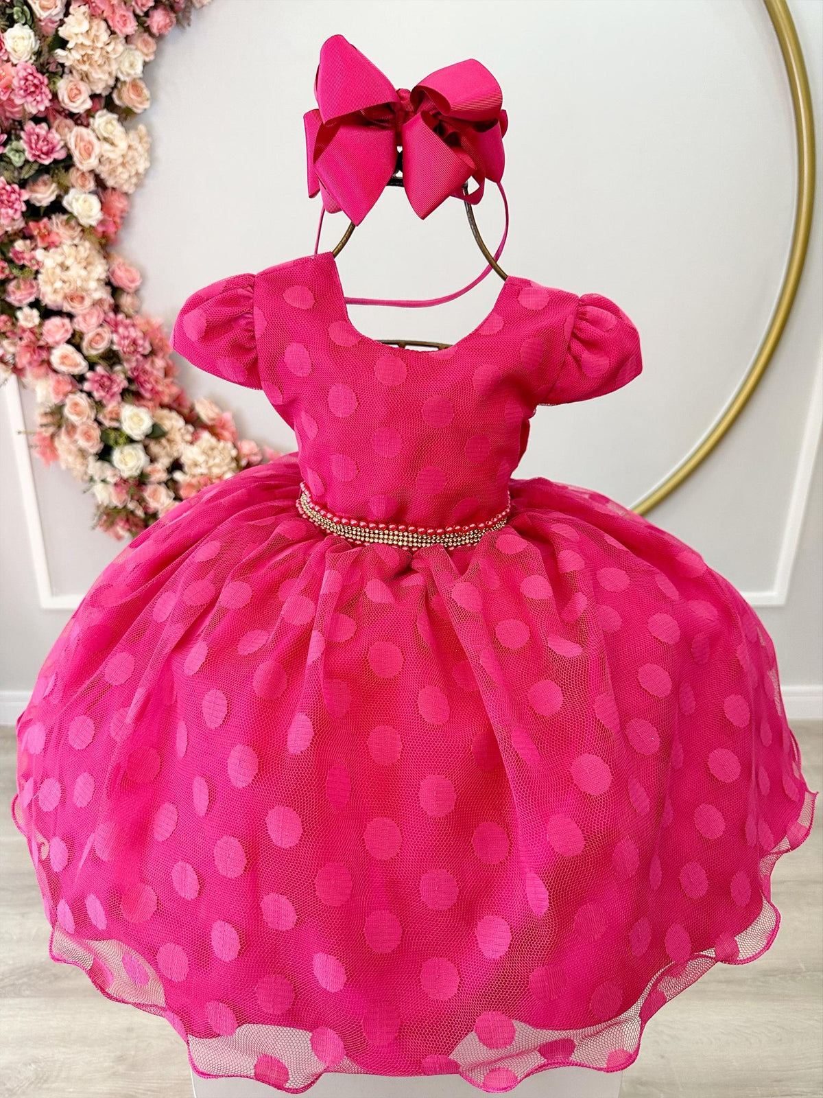 Vestido Infantil Pink Poá Com Cinto de Pérolas e Strass (4493PP)