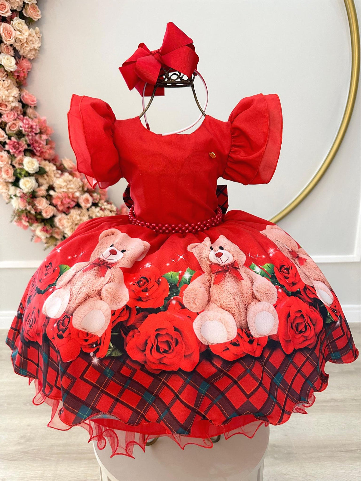 Vestido Infantil Vermelho Ursinho Florido C/ Pérolas Festas (3382VM)