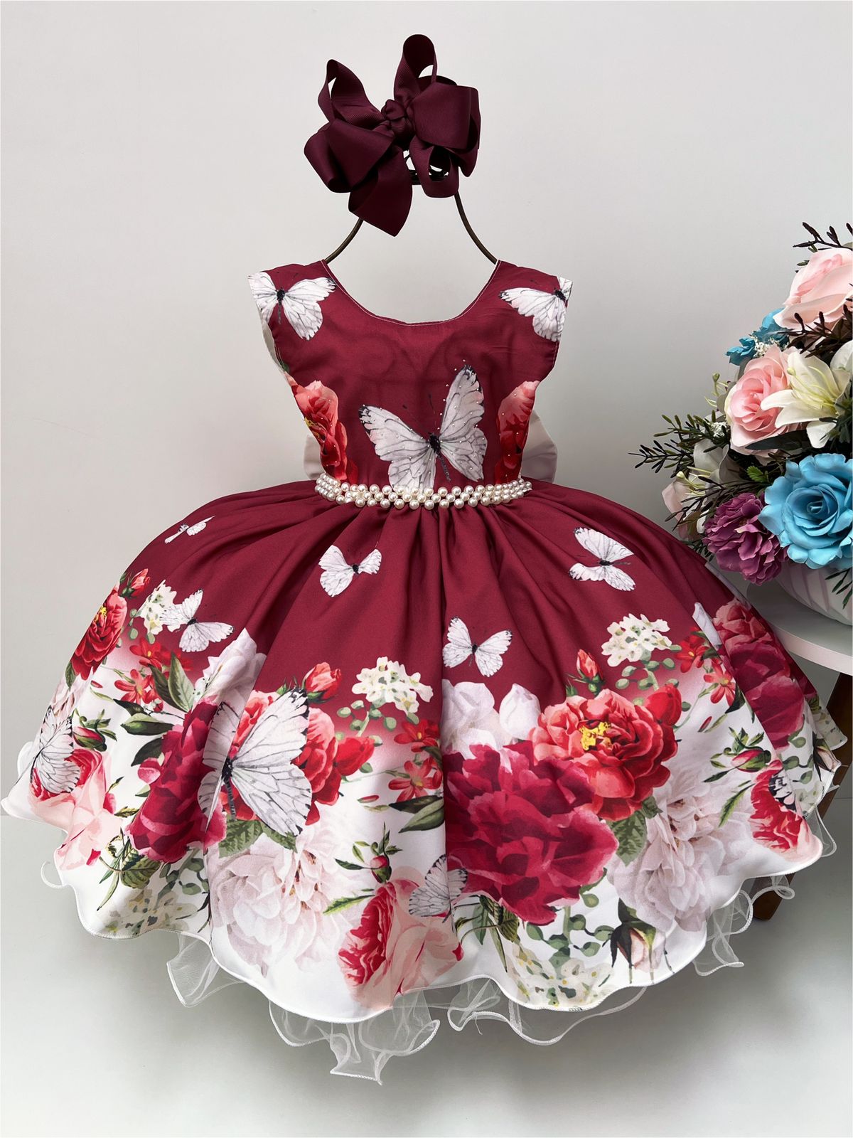 Vestido Infantil Marsala Jardim Das Borboletas Damas Floral (1500MK)